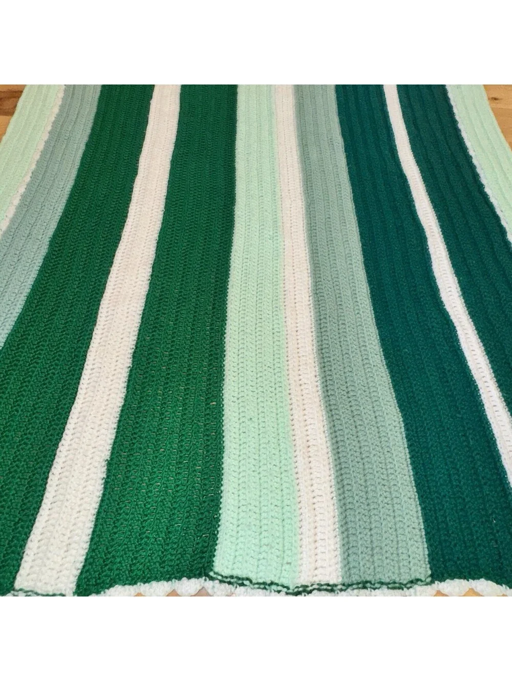 Vtg Handmade Crochet Afghan Blanket Green Mint White Striped Throw 60x42